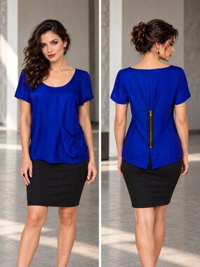 Gemma Silk Blouse Womens M Royal Blue Short Sleeve Dark Fairy Bloomingdales NEW